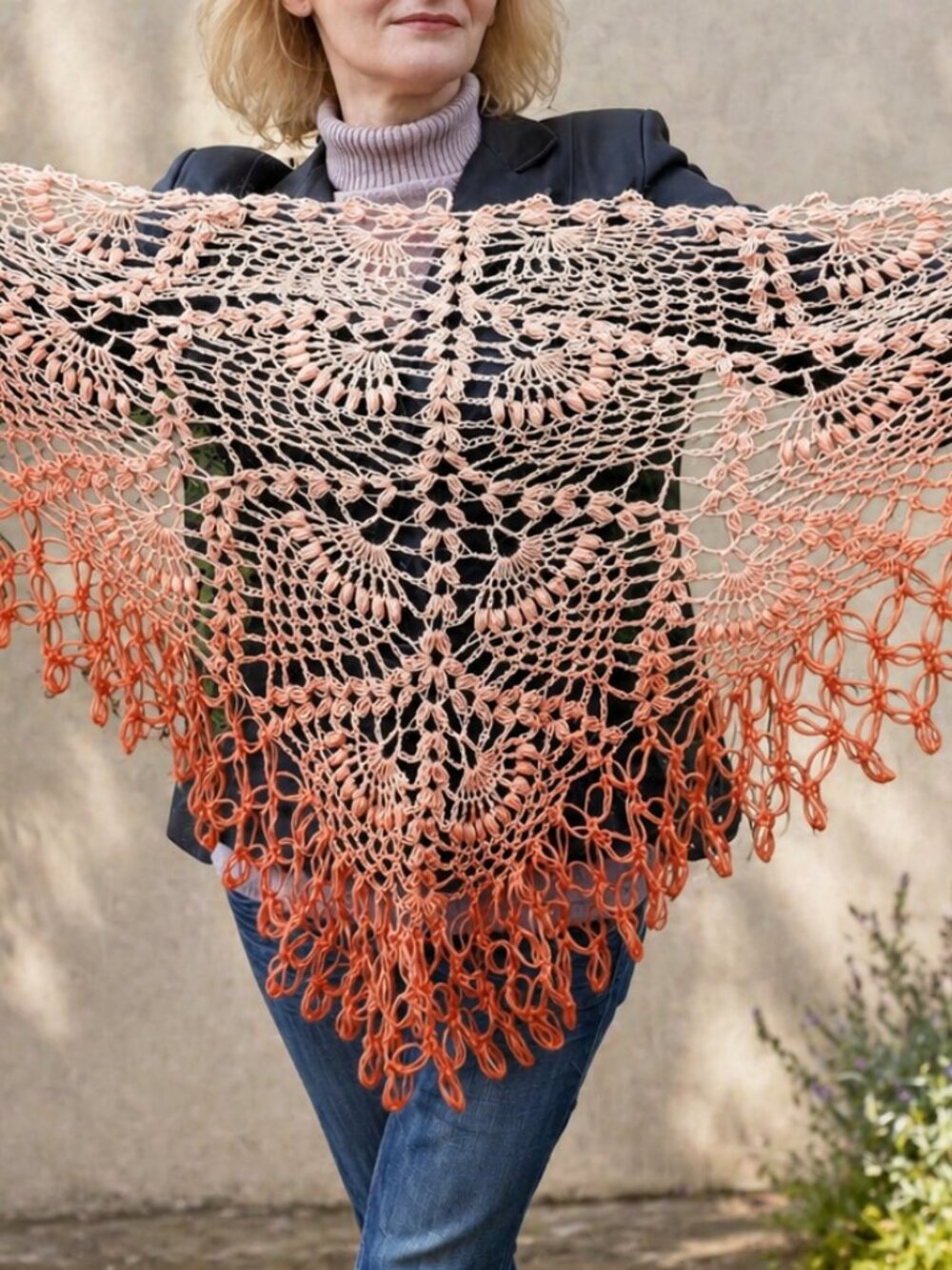 Handmade Crochet Ombre Shawl Beige Peach Wrap